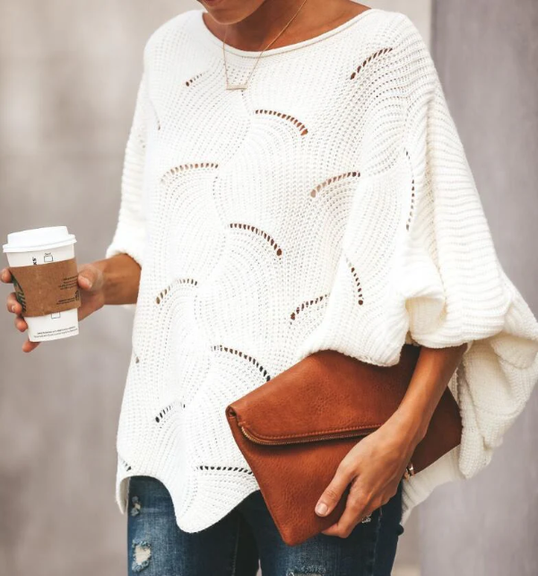 Women's relaxed wool blend sweater in open knit with batwing sleeves for effortless warmth
