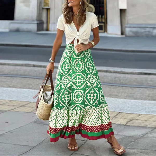 Women's high waisted tiered boho maxi skirt in geometric print lightweight fabric