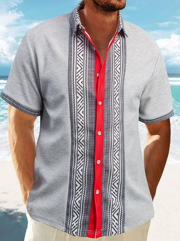 Men's relaxed fit short sleeve shirt breathable cotton ethnic pattern casual summer wear
