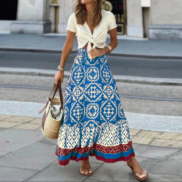 Women's high-waisted tiered boho maxi skirt in lightweight geometric print fabric