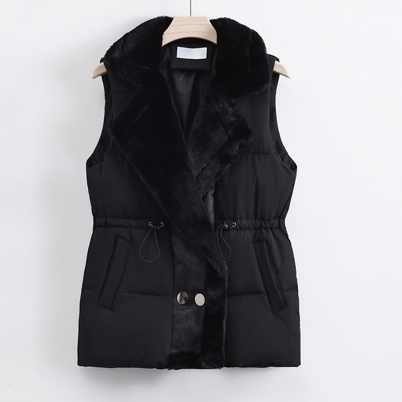 Women's quilted vest faux fur shawl collar adjustable drawstring waist lightweight fall layer