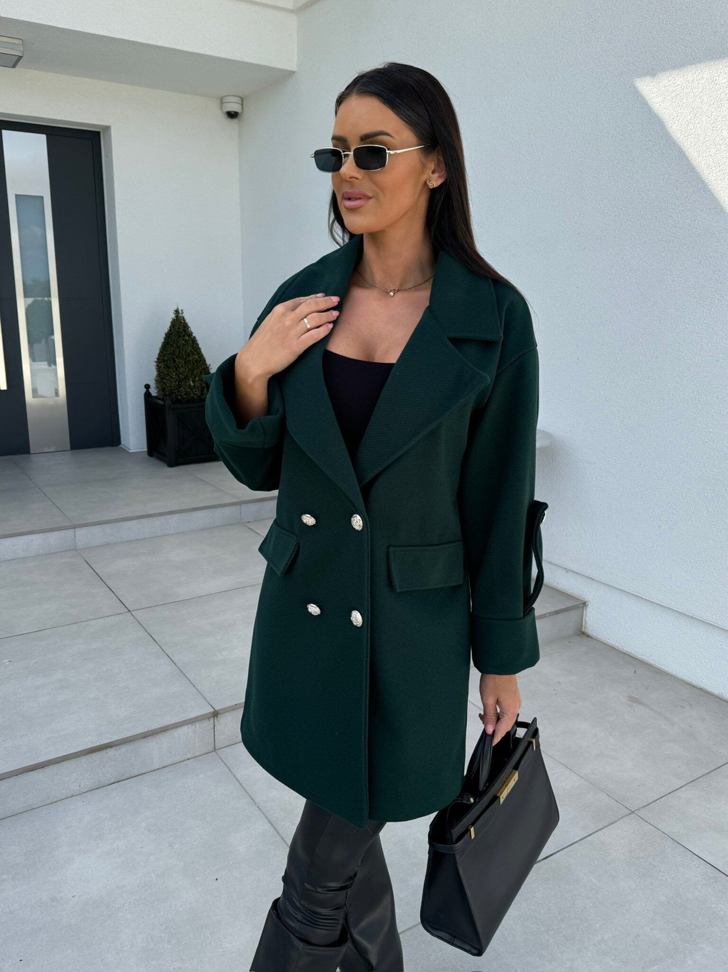 Women's wool blend knee-length blazer lapel coat H-line fit double closure autumn winter