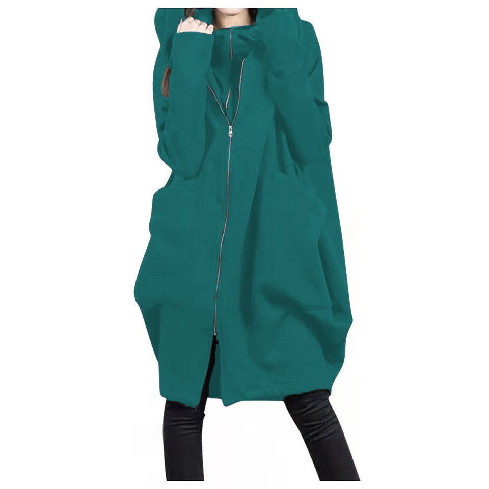 Women's oversized mid-length wool coat hooded zipper front pockets cozy winter warmth