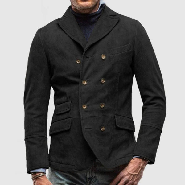 Men's slim fit double-breasted blazer in brushed suede-like texture, tailored urban silhouette