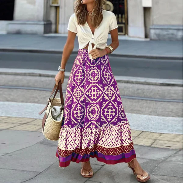 Women's high-waisted tiered boho maxi skirt in lightweight geometric print fabric