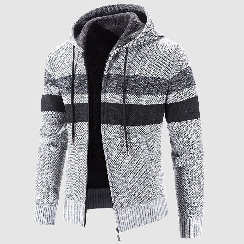 Men's gray knit hooded jacket full-zip hip-length fleece-lined versatile everyday outerwear
