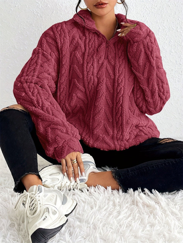 Women's cozy relaxed-fit pullover top with faux shearling fleece, half-zip cable knit detail