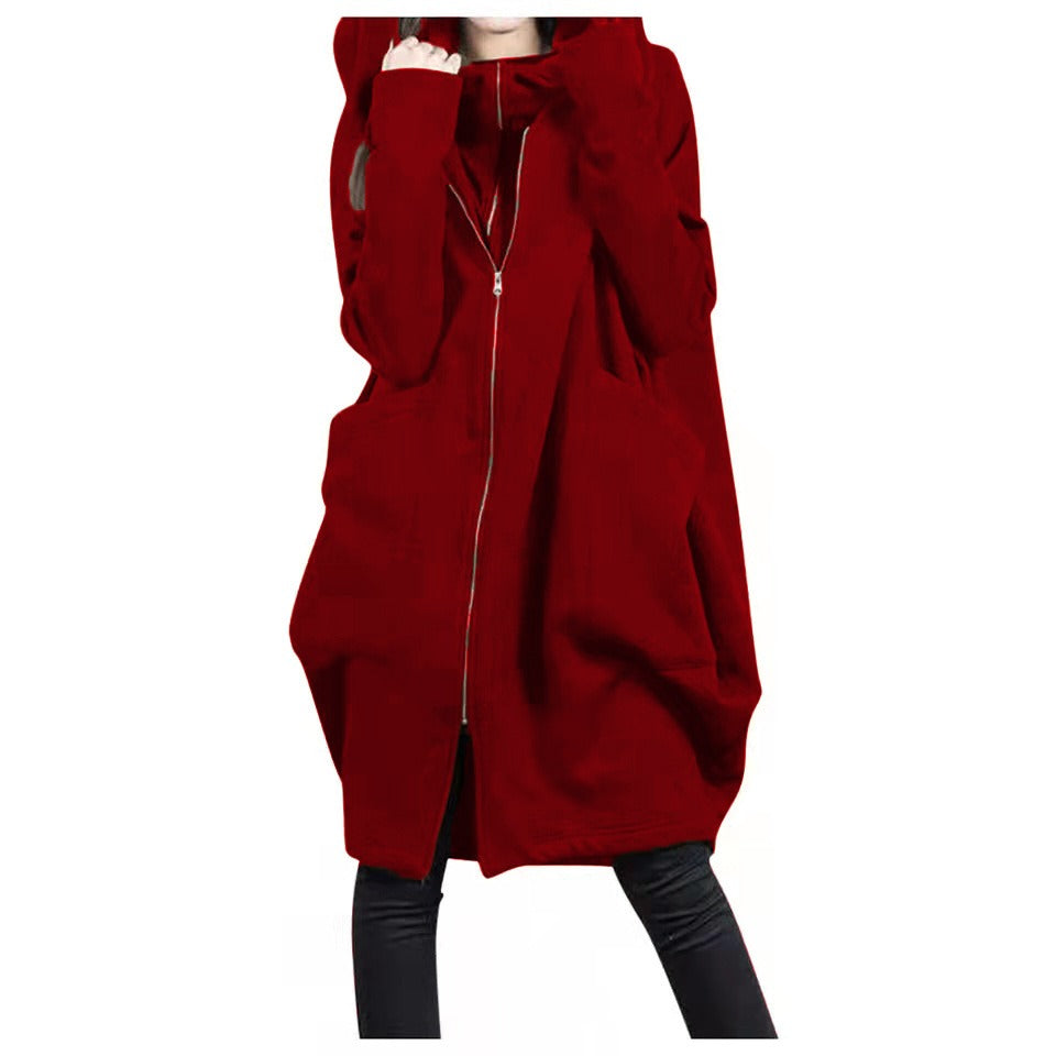 Women's oversized mid-length wool coat hooded zipper front pockets cozy winter warmth