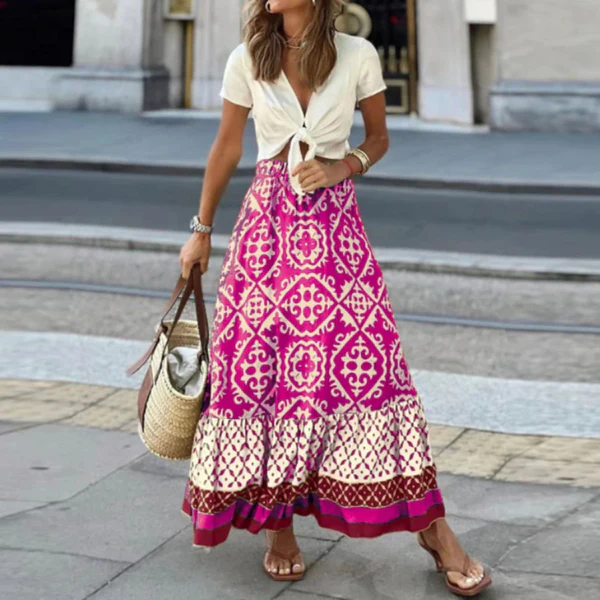 Women's high-waisted tiered boho maxi skirt in lightweight geometric print fabric