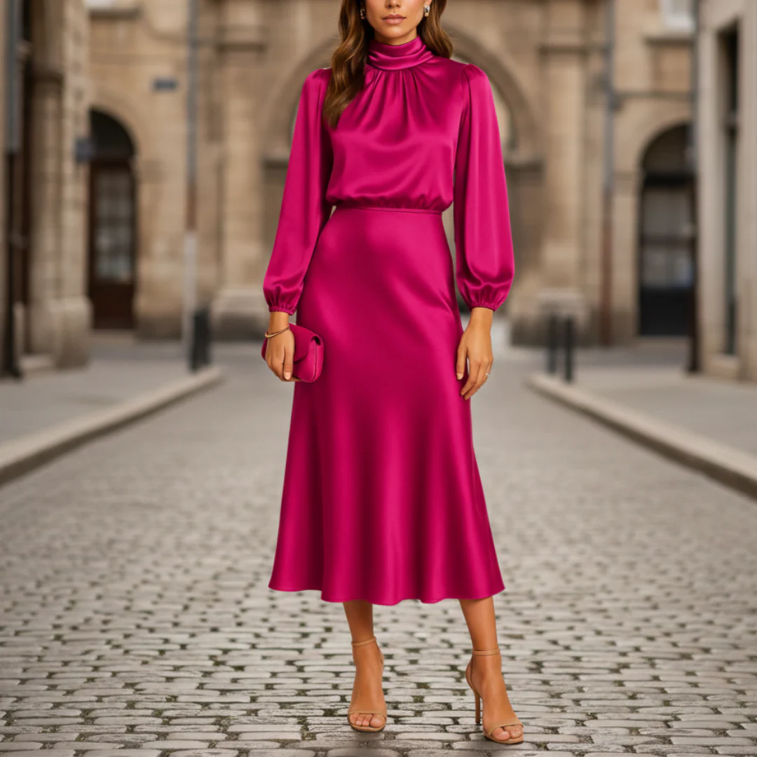 Women's satin midi dress long sleeves high collar formal elegant fluid silhouette versatile work