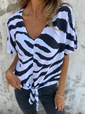 Women's relaxed fit V-neck tie-front short sleeve blouse, breathable everyday casual top