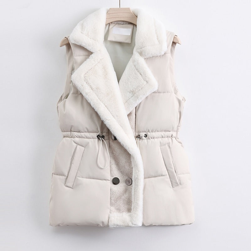 Women's quilted vest with faux fur shawl collar and adjustable drawstring waist, sleeveless layering piece