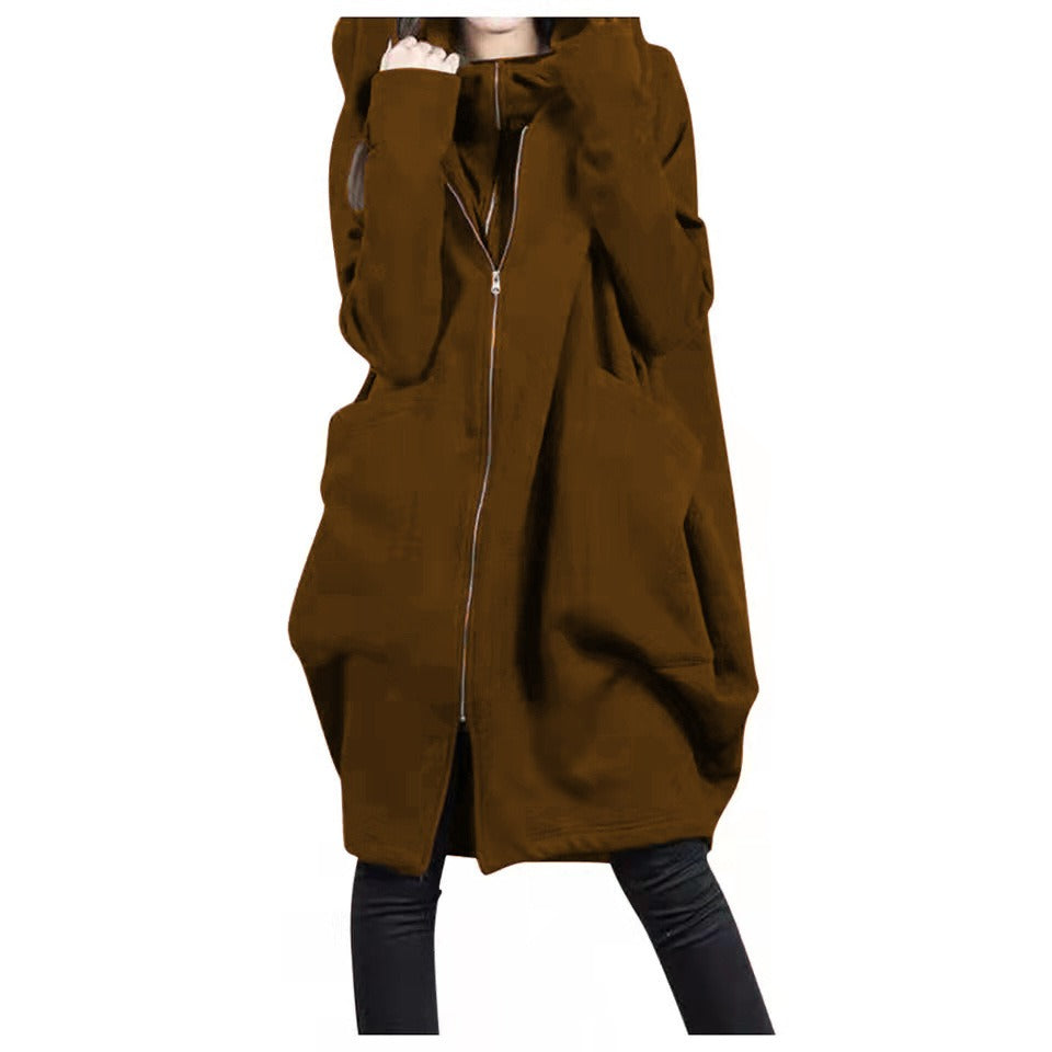 Women's mid-length oversized wool coat with hood and front zipper pockets for cozy winter warmth