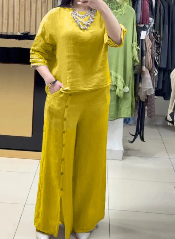 Women's linen two-piece set relaxed top wide-leg pants with button detail in neutral tones