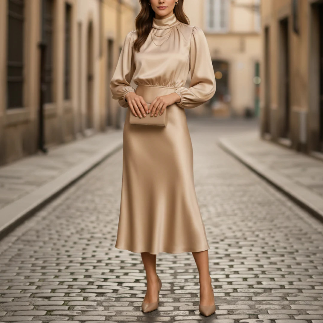 Women's satin midi dress long sleeves high collar elegant formal workwear fluid silhouette