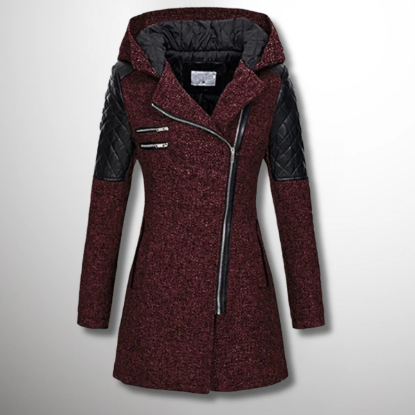 Women's tailored fit hooded jacket with quilted sleeves and asymmetrical zip closure