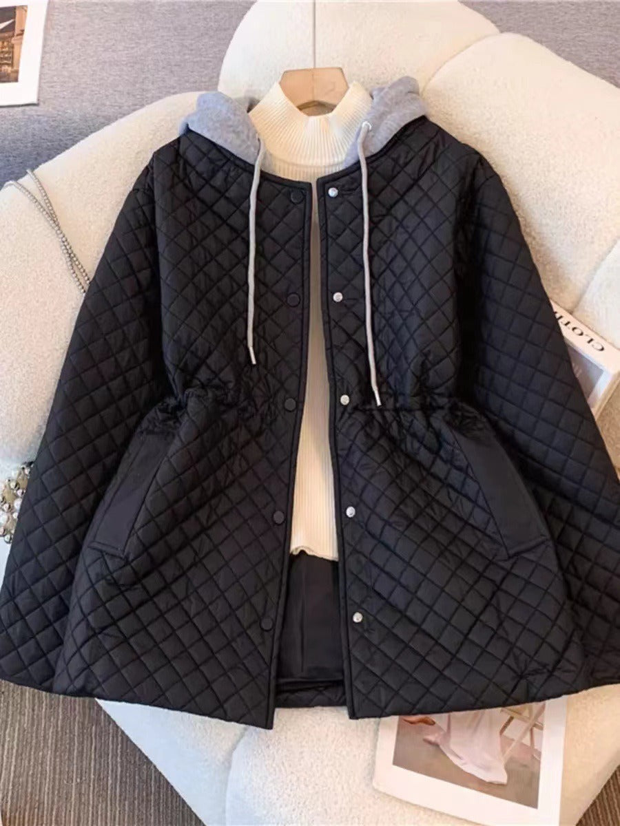 Women's quilted nylon coat hooded drawstring waist A-line hip-length with patch pockets