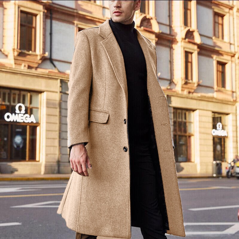 Men's tailored wool-blend long trench coat with wide lapel and hidden buttons, modern Nordisk style