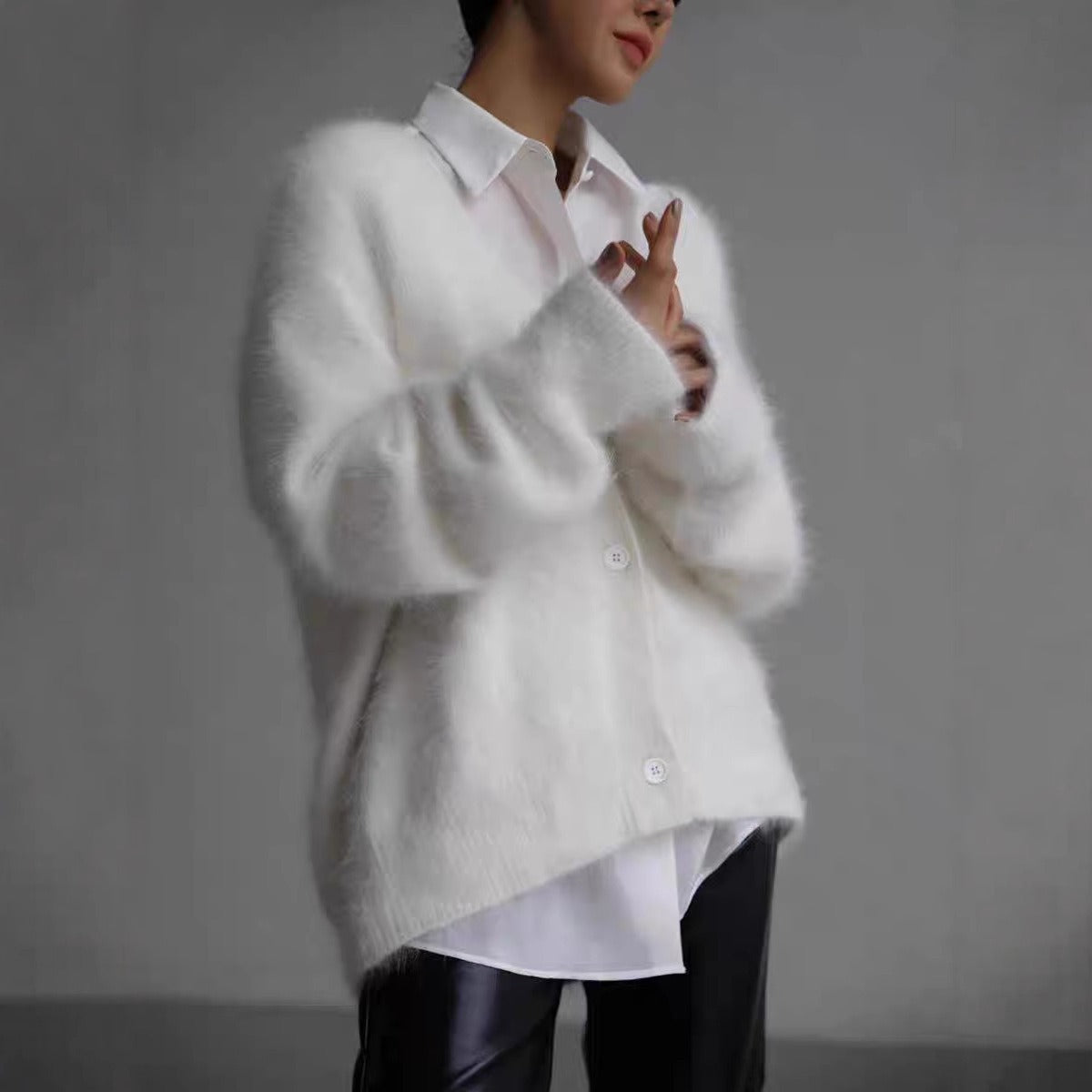 Women's fuzzy knit oversized cardigan V-neck button-front cozy layering essential relaxed silhouette