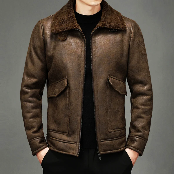 Men's black PU leather regular fit jacket with shearling collar and adjustable buckle zipper closure
