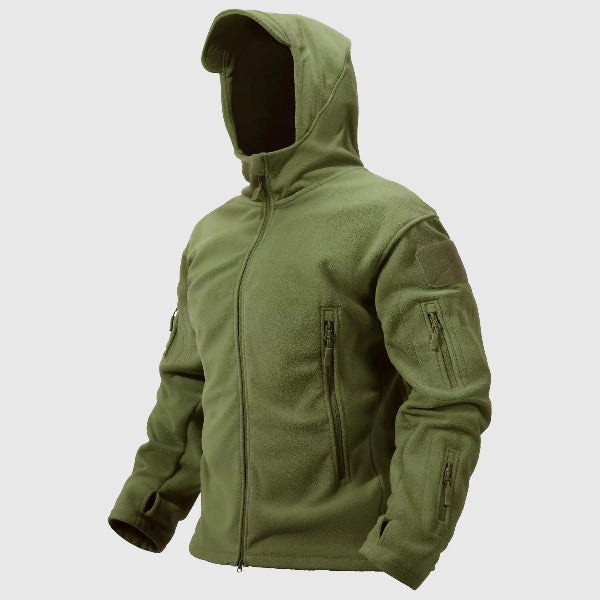 Men's black fleece-insulated hooded jacket structured fit thermal coat for winter warmth