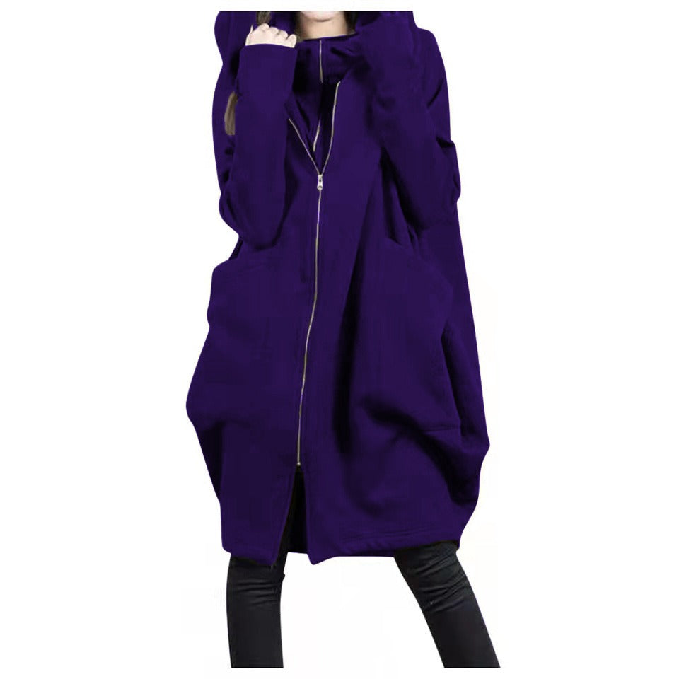 Women's oversized mid-length wool coat hooded zipper front pockets cozy winter warmth