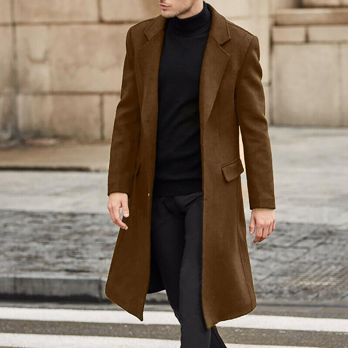 Men's tailored wool-blend long trench coat, modern cut with wide lapel and hidden buttons