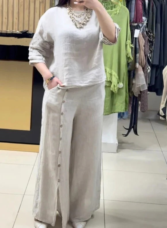 Women's linen two-piece set relaxed top wide-leg pants button detail light breathable summer co-ord