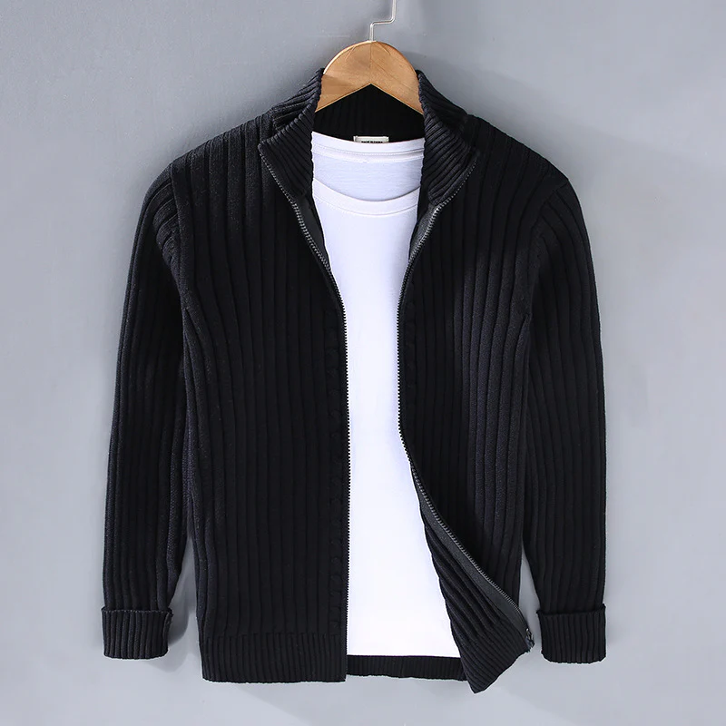 Men's slim-fit ribbed knit zipper cardigan in neutral tone, versatile urban layering piece