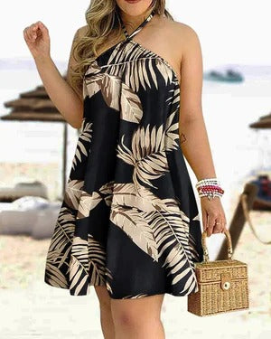 Women's floral print halter mini dress flowy A-line silhouette breezy vacation-ready summer style