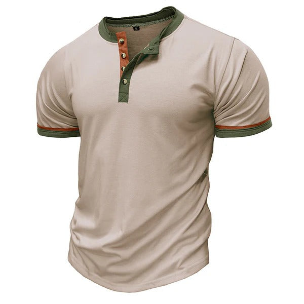 Men's regular fit short sleeve Henley tee with breathable fabric and contrast trim detailing