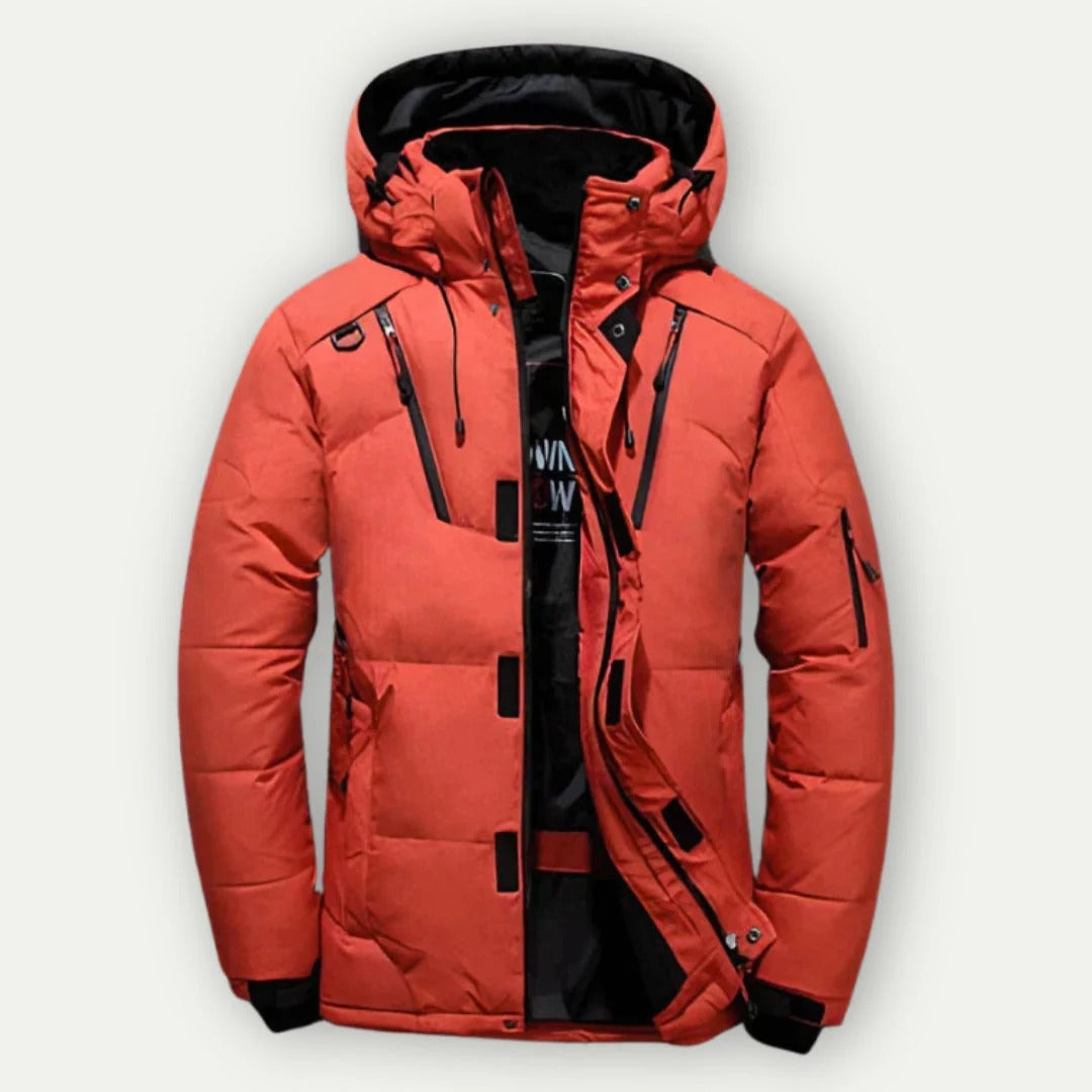 Men's slim fit hooded down jacket water-resistant zipper closure lightweight warmth cold weather
