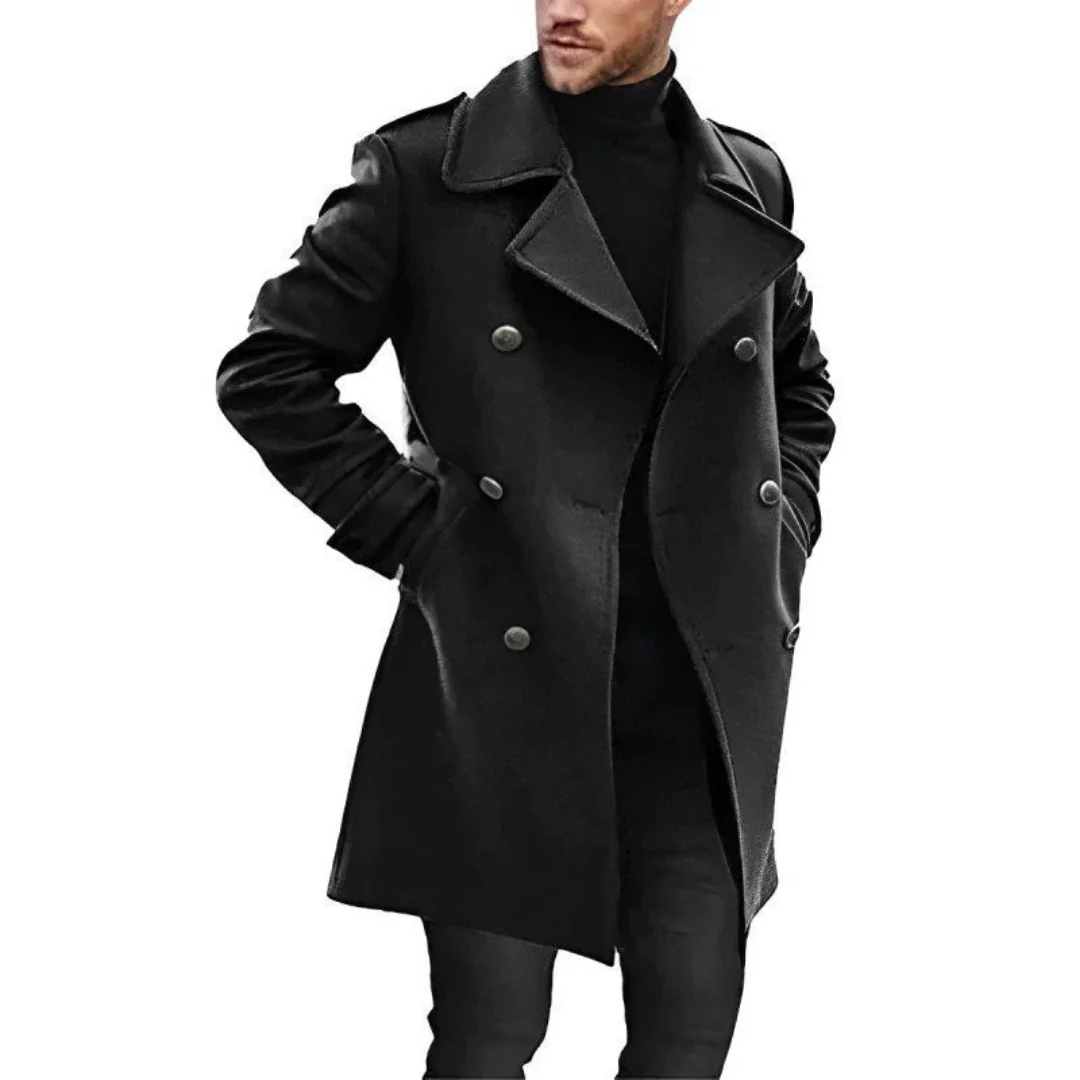 Men's charcoal wool-look double breasted trench coat tailored mid-length silhouette modern style