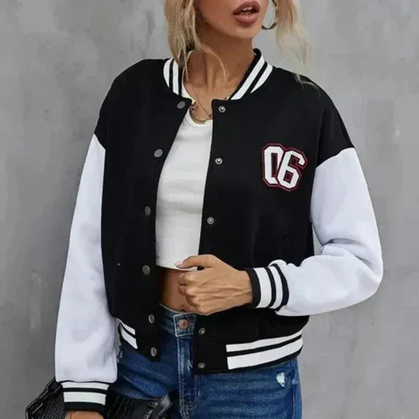 Women's relaxed-fit varsity bomber jacket with ribbed edges and button closure, sporty casual style