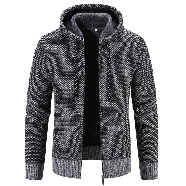 Men's gray hooded cardigan relaxed fit knit texture full-zip soft interior modern style