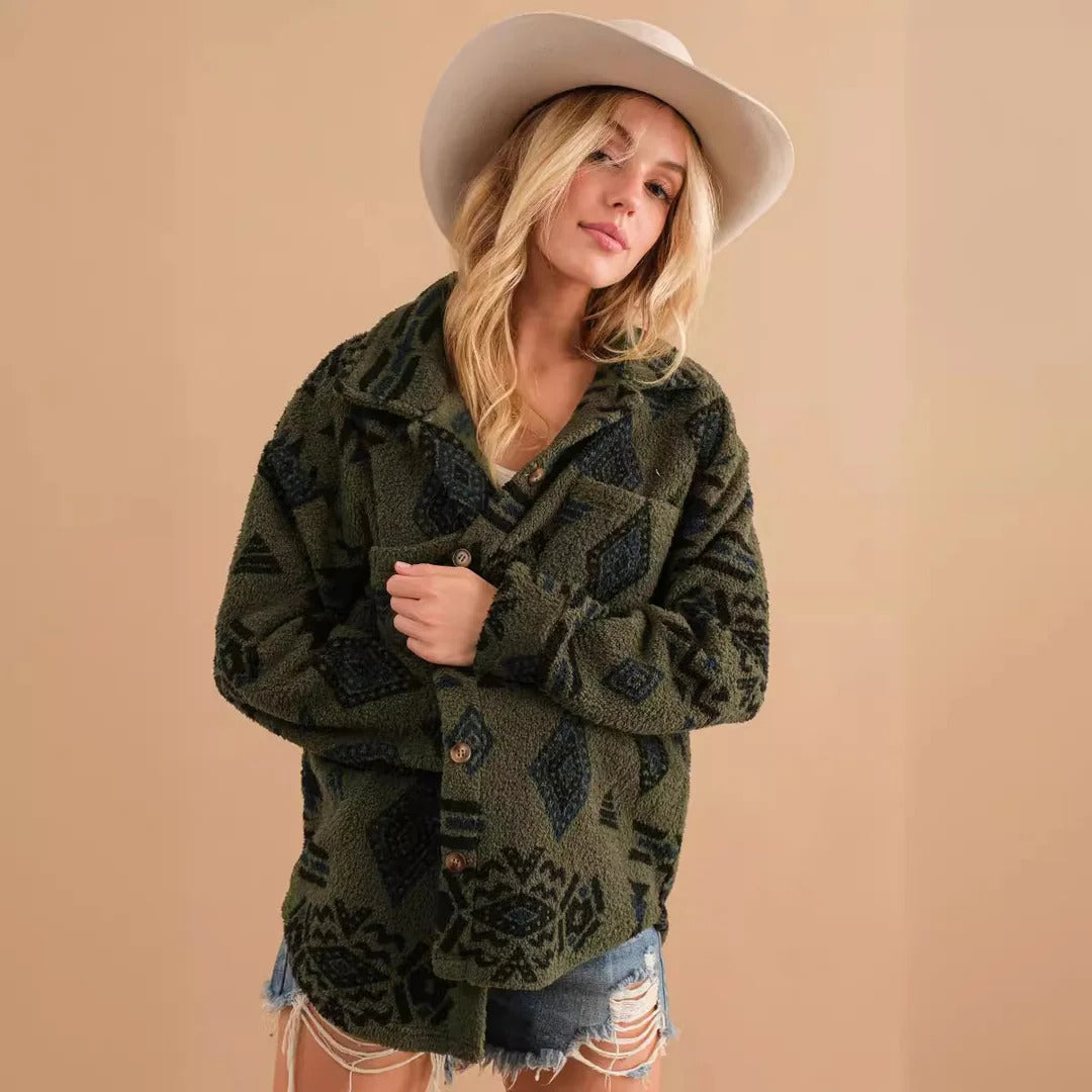 Women's boho Western sherpa jacket cozy plush outerwear desert sunset woven pattern