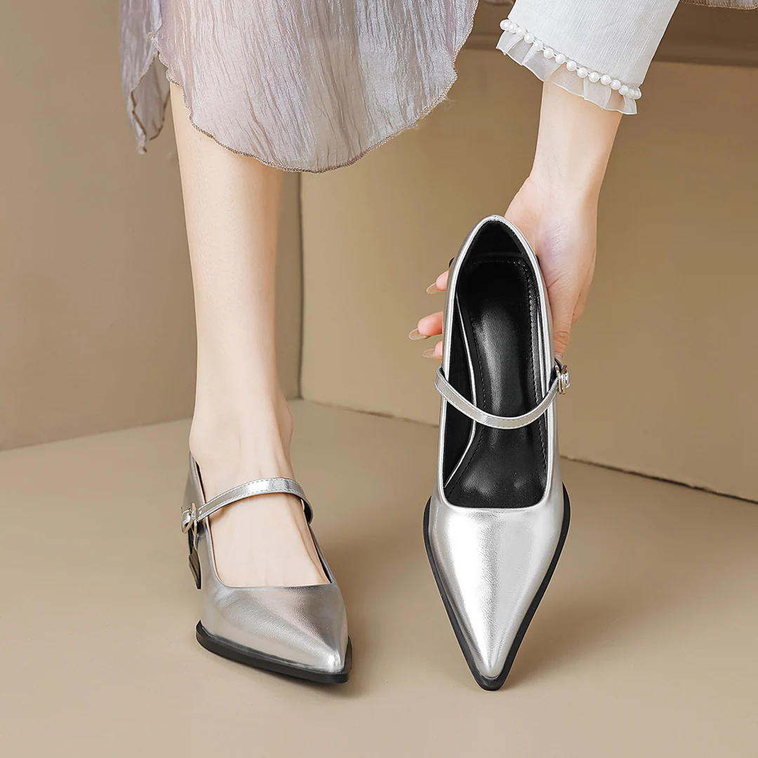 TrendAura Lureza mirror-shine leather Mary Janes pointed toe vintage-inspired women city professional flats