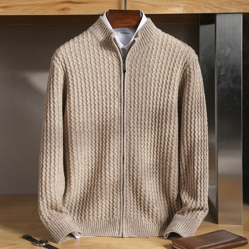 Men's ivory cashmere half-zip knit sweater with mock neck, lightweight 100% pure cashmere construction