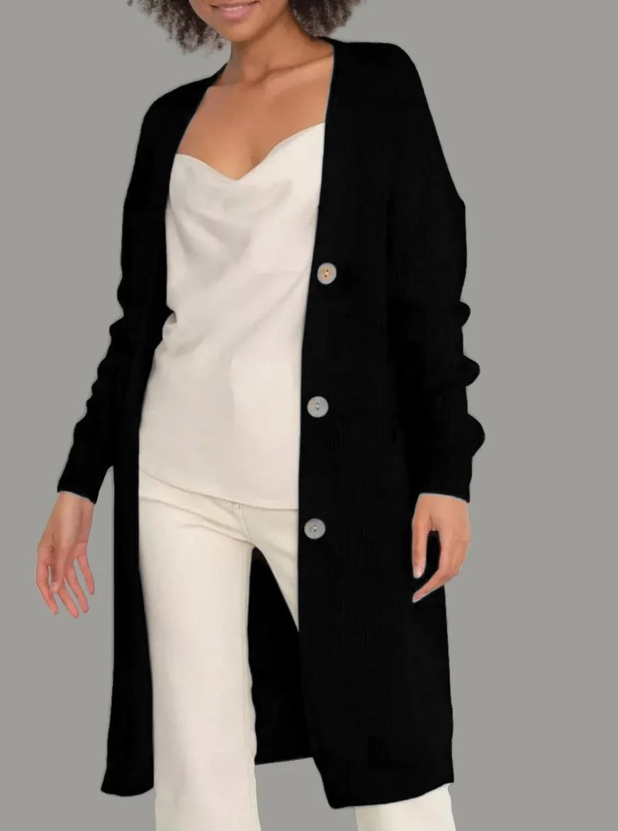 Women's long relaxed-fit soft knit cardigan with button closure and pockets for effortless everyday style