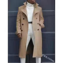 Men's beige double-breasted knee-length trench coat classic relaxed fit timeless style