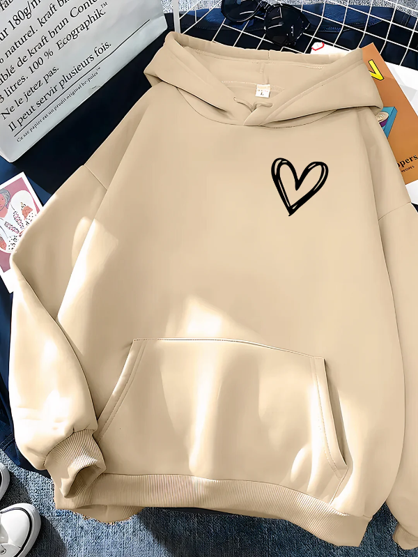 Women's relaxed-fit cotton blend hoodie with heart print and kangaroo pocket in casual style