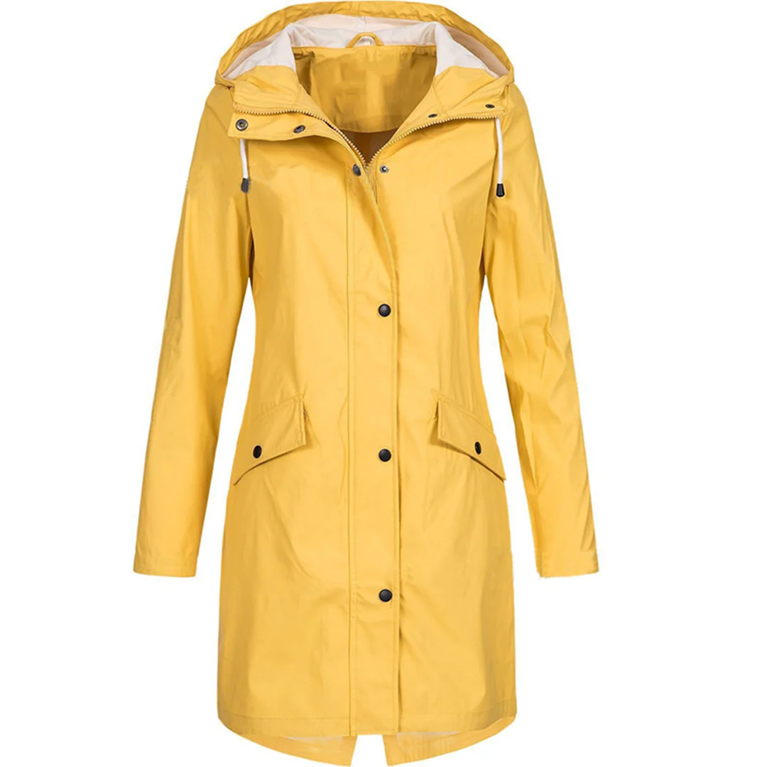 Women's tailored rain jacket water-repellent hooded fit with button closure elegant silhouette