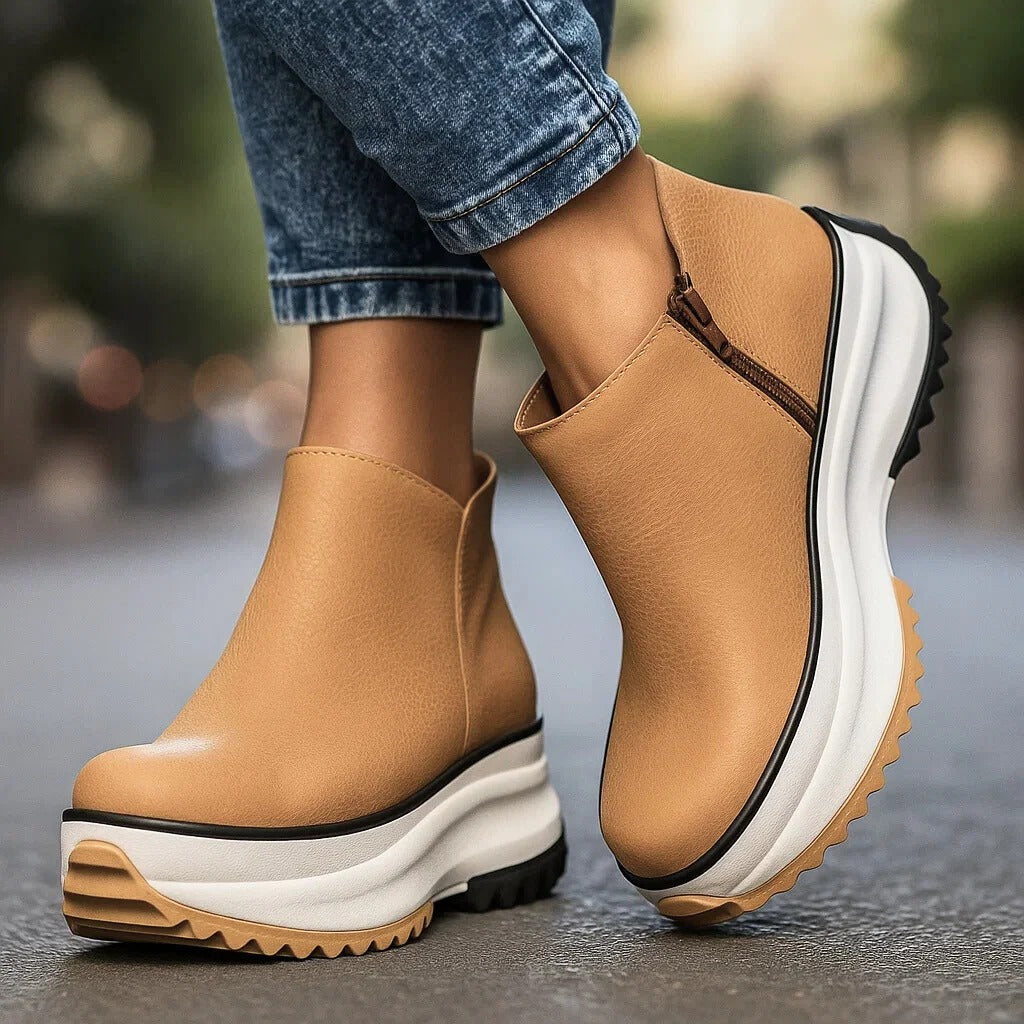Women's black leather platform boots minimalist style with premium full-grain leather and added height