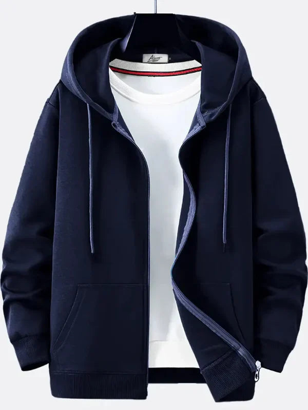 Men's relaxed fit zip-up hoodie soft cotton blend casual drawstring pullover versatile everyday wear