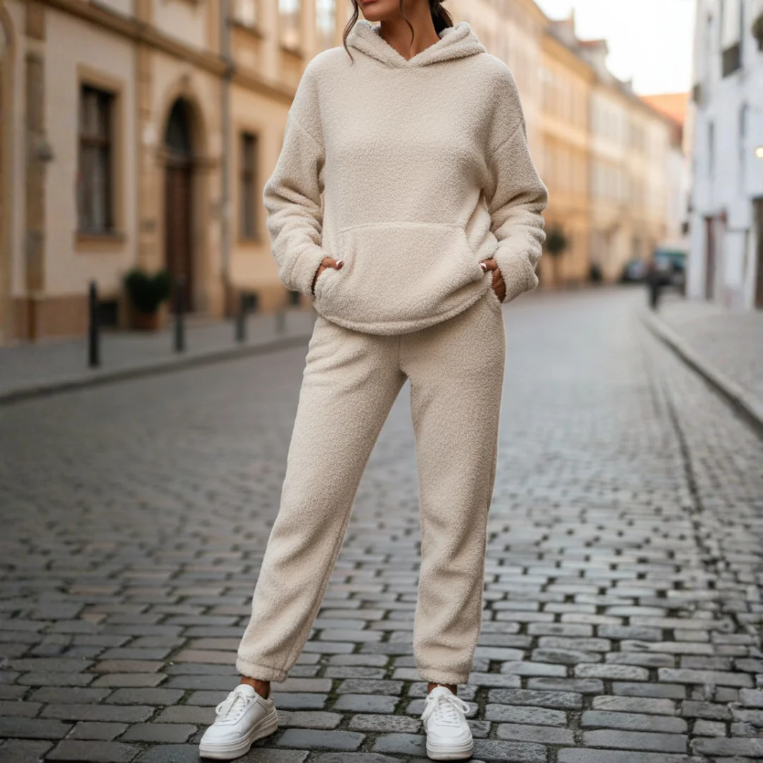 Women's gray fleece hoodie and pants lounge set with hood, cozy relaxed fit for home warmth