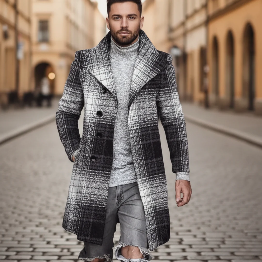 Men's black blue brown checkered polyester coat slim-fit winter outerwear with classic plaid pattern