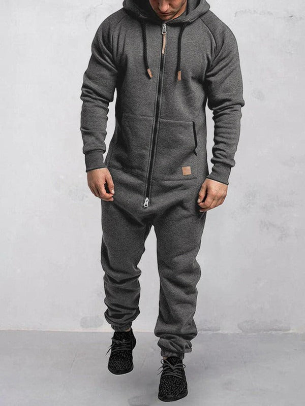 Men's relaxed fit fleece hooded jumpsuit full-length lounge wear with front zipper closure