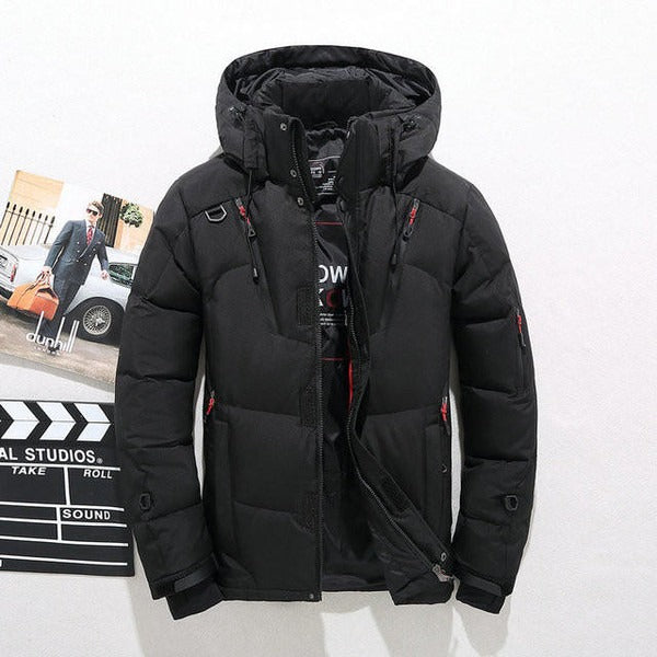 Men's black quilted down jacket hip-length adjustable hood zipper closure warm winter coat