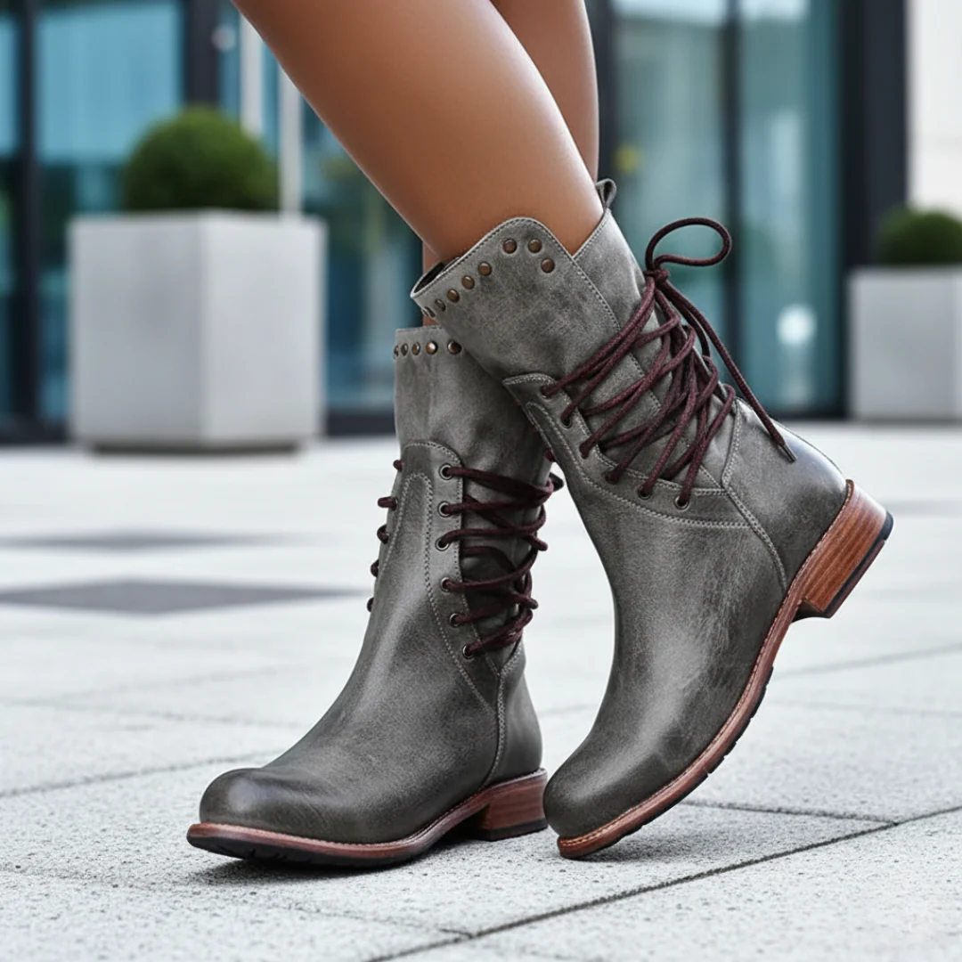 Women's black faux leather orthopedic boots with lace stud detail, ergonomic comfort sole design