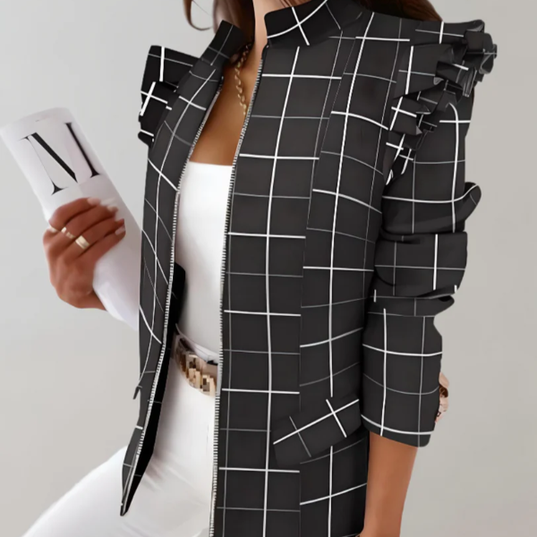 Women's tailored fit plaid jacket with ruffle shoulders and stand collar, hip length